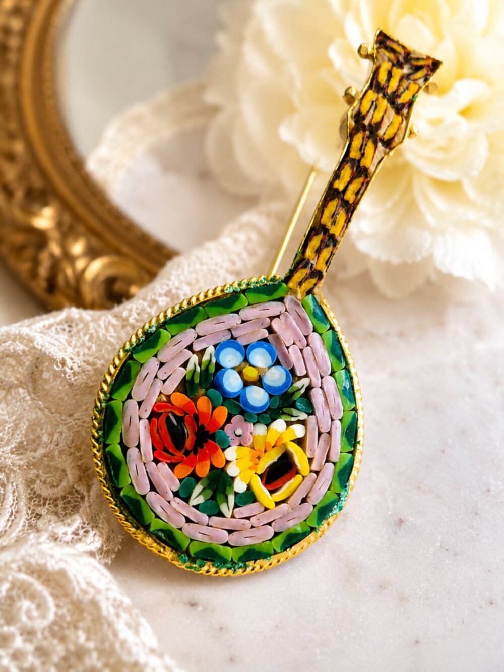 Vintage Micro Mosaic Guitar Mandolin Floral Brooch Pin Colorful Italian Art